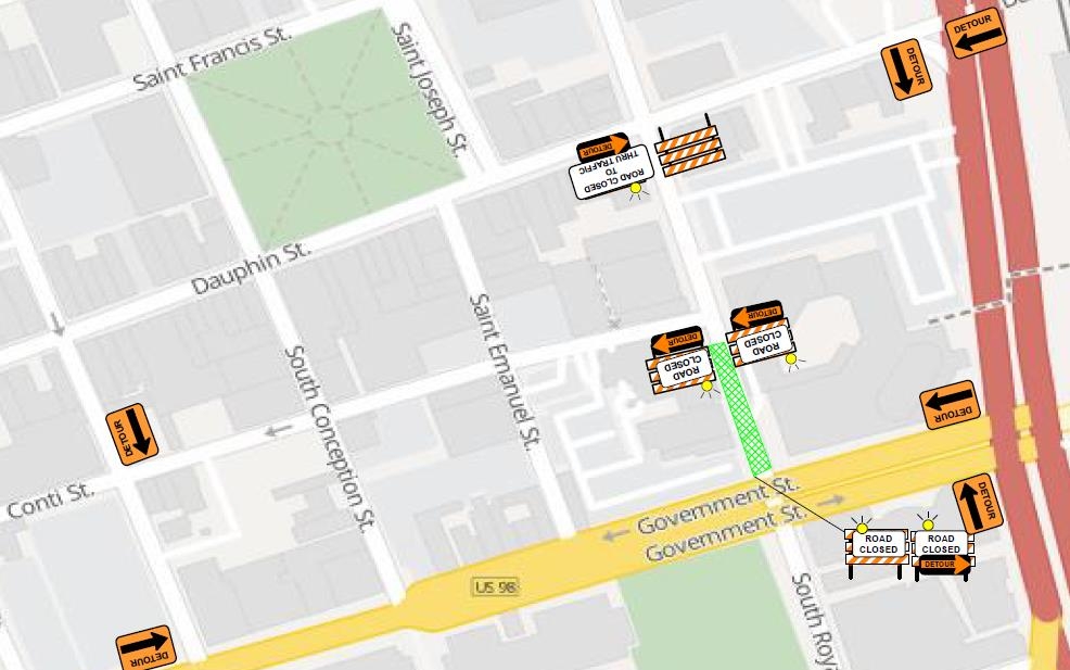 map of Royal Street road closure