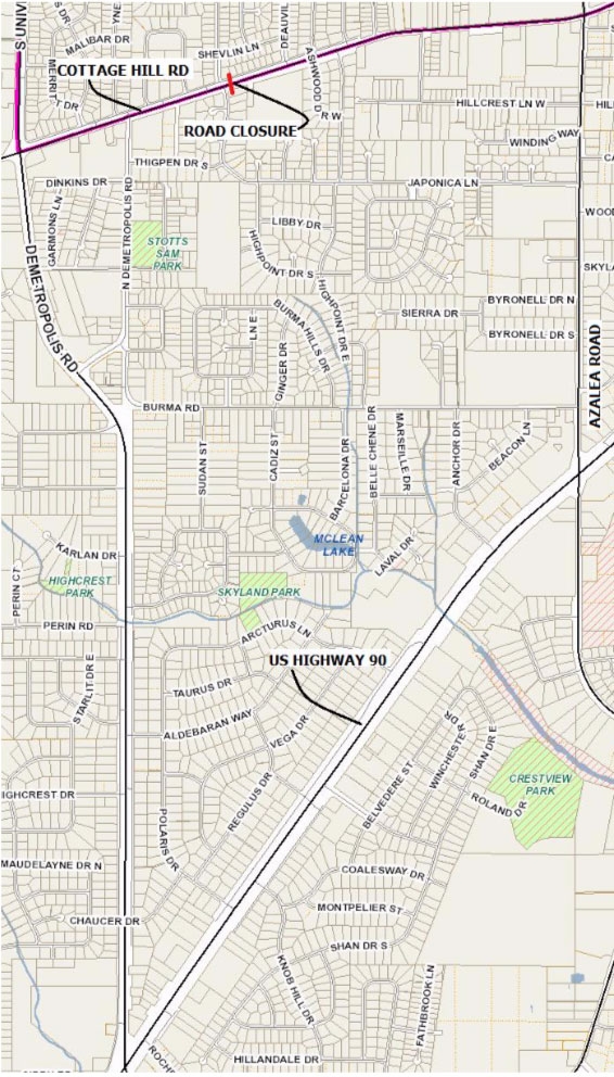 Map of Cottage Hill Road Closure